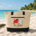 Best Teacher Ever Tote Bag with Zipper, Personalized Teacher Gift, Custom Name Apple Pencil Book Canvas Bag, Classroom Work Travel Daily Bag