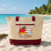 Best Teacher Ever Tote Bag with Zipper, Personalized Teacher Gift, Custom Name Apple Pencil Book Canvas Bag, Classroom Work Travel Daily Bag