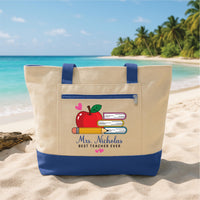 Best Teacher Ever Tote Bag with Zipper, Personalized Teacher Gift, Custom Name Apple Pencil Book Canvas Bag, Classroom Work Travel Daily Bag