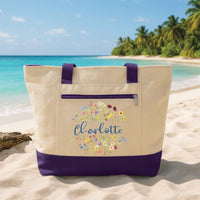 Personalized Floral Name Tote Bag with Zipper, Custom Name Gift for Her, Bridesmaid Gift, Birthday Gift, Travel Beach Bag, Aesthetic Tote