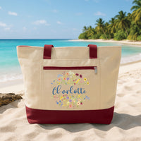 Personalized Floral Name Tote Bag with Zipper, Custom Name Gift for Her, Bridesmaid Gift, Birthday Gift, Travel Beach Bag, Aesthetic Tote
