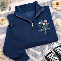 Floral Grandma Embroidered Quarter Zip Sweatshirt, Personalized Grandma Pullover, Cozy Gift for Grandmother, Custom Name Gift