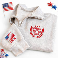 Custom USA Flag Embroidered Quarter Zip Sweatshirt, Personalized Logo Pullover, Patriotic Team Gift, Independence Day Custom Name Sweater