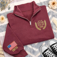 Custom USA Flag Embroidered Quarter Zip Sweatshirt, Personalized Logo Pullover, Patriotic Team Gift, Independence Day Custom Name Sweater