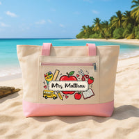 Teacher Tote Bag with Zipper, Personalized Teacher Name Bag, Custom Classroom Gift, Back to School Teacher Gift, School Work Tote Bag
