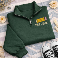Teacher Name Embroidered Quarter Zip Sweatshirt, Personalized Teacher Pullover, Back to School Gift, Custom Educator Crewneck Outfit