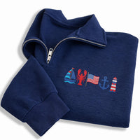 Coastal Nautical Embroidered Quarter Zip Sweatshirt, Beach Pullover, Lobster Sailboat Anchor Sweatshirt, Lake Life Coastal Sweater