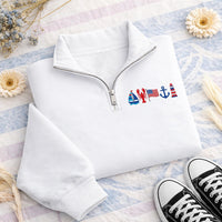 Coastal Nautical Embroidered Quarter Zip Sweatshirt, Beach Pullover, Lobster Sailboat Anchor Sweatshirt, Lake Life Coastal Sweater