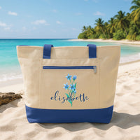 Birth Flower Tote Bag with Zipper, Personalized Flower Name Bag, Custom Birthday Gift for Her, Floral Month Gift, Travel Work Tote Bag