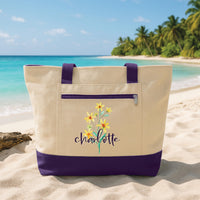 Birth Flower Tote Bag with Zipper, Personalized Flower Name Bag, Custom Birthday Gift for Her, Floral Month Gift, Travel Work Tote Bag