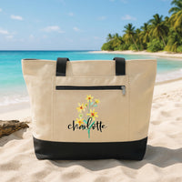 Birth Flower Tote Bag with Zipper, Personalized Flower Name Bag, Custom Birthday Gift for Her, Floral Month Gift, Travel Work Tote Bag