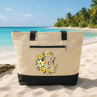 Birth Flower Initial Tote Bag with Zipper, Personalized Letter Floral Bag, Custom Monogram Gift for Her, Birthday Gift, Travel Work Tote