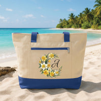 Birth Flower Initial Tote Bag with Zipper, Personalized Letter Floral Bag, Custom Monogram Gift for Her, Birthday Gift, Travel Work Tote