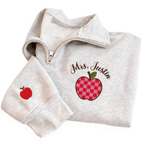 Teacher Apple Embroidered Quarter Zip Sweatshirt, Personalized Teacher Name Pullover, Back to School Gift, Custom Educator Outfit