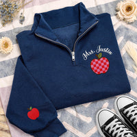 Teacher Apple Embroidered Quarter Zip Sweatshirt, Personalized Teacher Name Pullover, Back to School Gift, Custom Educator Outfit