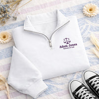 Law School Embroidered Quarter Zip Sweatshirt, Personalized Lawyer Pullover, Custom Name Law Student Gift, Legal Graduate Quarter Zip