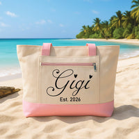 Personalized Gigi Tote Bag with Zipper, Custom Grandma Name Canvas Bag, New Grandma Est 2026 Gift, Gigi Beach Tote Bag