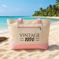 Vintage 1976 Tote Bag with Zipper, Personalized 1976 Birthday Gift, Retro Year Canvas Tote Bag, 49th Birthday Gift for Women