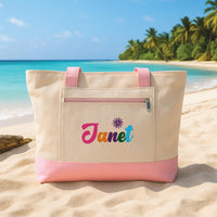 Personalized Embroidered Name Tote Bag with Zipper, Custom Floral Name Canvas Tote, Cute Beach Tote Bag, Bridesmaid Gift for Women