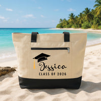 Graduation Cap Tote Bag with Zipper, Personalized Name Class of 2026 Gift, Student Graduation Gift, College High School Grad Tote Bag