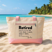 Retired Definition Tote Bag with Zipper, Personalized Retirement Gift, Custom Name Funny Retired Gift, Travel Beach Bag, Retirement Gift