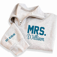 Mr Mrs Embroidered Quarter Zip Sweatshirt, Personalized Couple Pullover, Wedding Date Gift, Bride Groom Matching Outfit