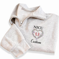 NICU Nurse Embroidered Quarter Zip Sweatshirt, Custom Baby Feet Pullover, Neonatal Nurse Gift, NICU Mom Healthcare Apparel Cozy