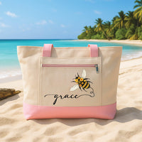 Bee Tote Bag with Zipper, Personalized Name Bag, Cute Honey Bee Floral Tote, Gift for Women, Everyday Work Travel Bag, Custom Bee Gift