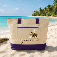 Bee Tote Bag with Zipper, Personalized Name Bag, Cute Honey Bee Floral Tote, Gift for Women, Everyday Work Travel Bag, Custom Bee Gift