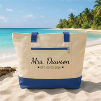 Custom Mrs Tote Bag with Zipper, Personalized Bride Canvas Tote, Honeymoon Essentials Bag, Future Mrs Gift