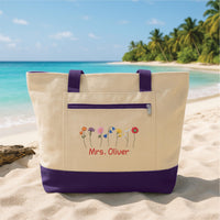 Personalized Teacher Embroidered Tote Bag with Zipper, Custom Name Canvas Tote, School Work Bag, Teacher Appreciation Gift