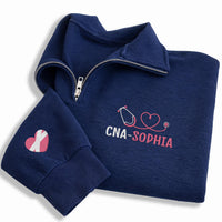 CNA Nurse Embroidered Quarter Zip Sweatshirt, Personalized Name Pullover, Certified Nursing Assistant Gift, Healthcare Worker Apparel