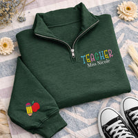Teacher Embroidered Quarter Zip Sweatshirt, Personalized Name Pullover, School Gift Idea, Teacher Appreciation Gift, Custom Teacher Apparel
