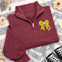 Softball Bow Embroidered Quarter Zip Sweatshirt, Custom Number Pullover, Sports Fan Gift, Team Spirit Apparel, Player Mom Outfit