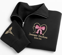Nurse Bow Embroidered Quarter Zip Sweatshirt, Personalized RN BSN Pullover, Medical Worker Gift, Custom Name Nurse Outfit Apparel