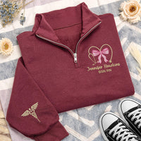 Nurse Bow Embroidered Quarter Zip Sweatshirt, Personalized RN BSN Pullover, Medical Worker Gift, Custom Name Nurse Outfit Apparel
