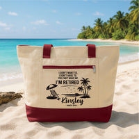 Retired Tote Bag with Zipper, Personalized Retirement Gift, Custom Name Beach Bag, Funny Retirement Gift, Travel Vacation Tote Bag