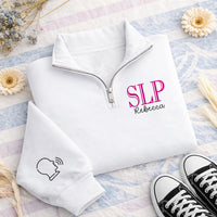 Personalized SLP Embroidered Quarter Zip Sweatshirt, Custom Speech Language Pathologist Pullover, Speech Therapist Gift