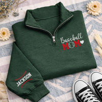 Baseball Mom Embroidered Quarter Zip Sweatshirt, Personalized Team Mom Pullover, Custom Name Sleeve, Game Day Mom Gift Apparel