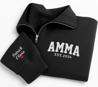 Amma EST Embroidered Quarter Zip Sweatshirt, Personalized Grandma Pullover, New Mom Gift, Custom Name Sleeve, Family Gift Apparel