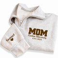 College Mom Embroidered Quarter Zip Sweatshirt, Custom University Mom Pullover, Personalized Name Sleeve, Proud Mom Gift Apparel