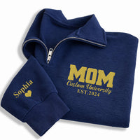 College Mom Embroidered Quarter Zip Sweatshirt, Custom University Mom Pullover, Personalized Name Sleeve, Proud Mom Gift Apparel