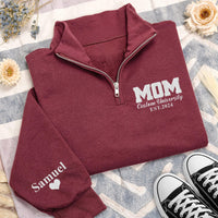 College Mom Embroidered Quarter Zip Sweatshirt, Custom University Mom Pullover, Personalized Name Sleeve, Proud Mom Gift Apparel