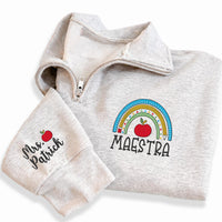Maestra Embroidered Quarter Zip Sweatshirt, Personalized Spanish Teacher Pullover, Custom Name Sleeve, Teacher Appreciation Gift