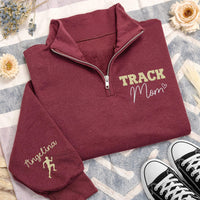 Track Mom Embroidered Quarter Zip Sweatshirt, Personalized Running Mom Pullover, Sports Team Gift, Athletic Mom Apparel Custom Name