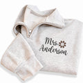 Personalized Mrs Name Embroidered Quarter Zip Sweatshirt, Custom Teacher Pullover, Floral Name Gift, School Staff Appreciation Wear