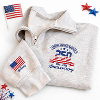 Personalized USA 250th Anniversary Embroidered Quarter Zip Sweatshirt, Custom Flag Sleeve, Patriotic Pullover, July 4th Gift, 1776 2026