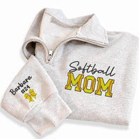 Softball Mom Embroidered Quarter Zip Sweatshirt, Personalized Team Mom Pullover, Custom Player Number Gift, Softball Bow
