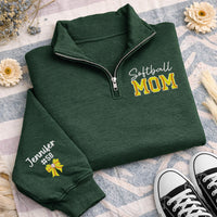 Softball Mom Embroidered Quarter Zip Sweatshirt, Personalized Team Mom Pullover, Custom Player Number Gift, Softball Bow