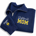 Softball Mom Embroidered Quarter Zip Sweatshirt, Personalized Team Mom Pullover, Custom Player Number Gift, Softball Bow